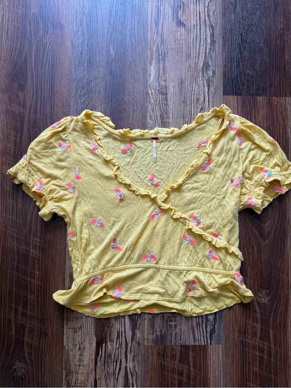 Free People Yellow Floral Ruffle-Trim Crop Top